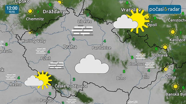 Meteoradar, screenshot, 12. 12. 12:00: V pátek bude většinu naší země pokrývat vrstva inverzních mlh a nízké oblačnosti. Předpokládaný stav oblačnosti můžete sledovat na našem Meteoradaru.