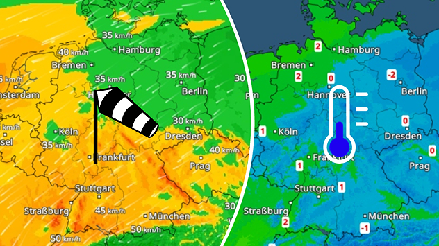 Wetterkarte von Deutschland mit starkem Wind und niedrigen Temperaturen.