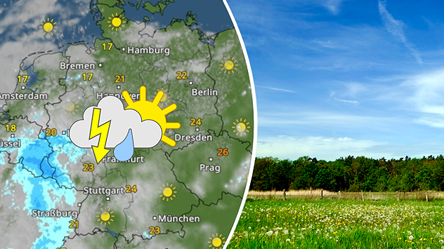 Wettergrafik mit Deutschlandkarte und Gewittersymbol über der Mitte; daneben eine sommerliche Wiese unter blauem Himmel im Jerichower Land, aufgenommen am 4. Mai.