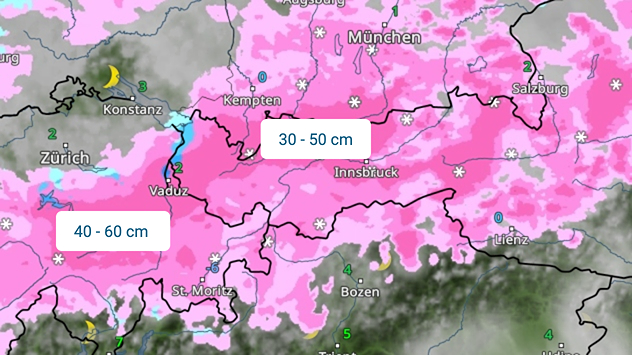 Wetterkarte der Alpen mit markierten Schneemengen bis 60 cm. Rosa Flächen zeigen intensiven Schneefall.