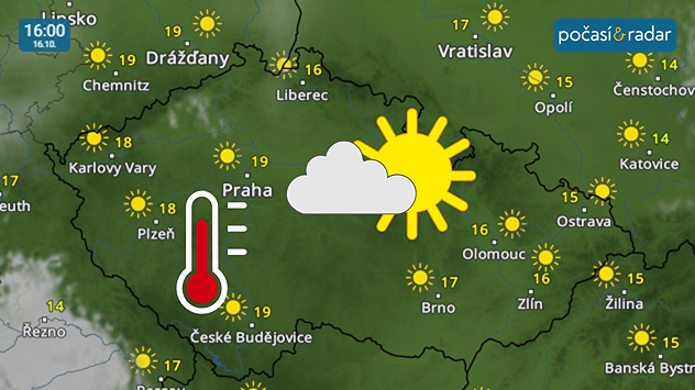 Meteoradar, screenshot, 16. 10. 16:00: V pátek v Česku převládá slunečné a teplé počasí. Výjimkou jsou místy s déletrvajícími mlhami.