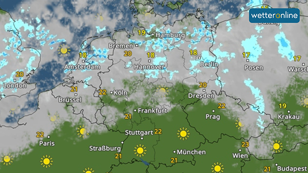 Wetterkarte mit Sonne im Süden und Schauern im Norden Deutschlands.