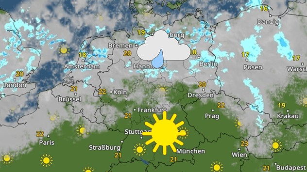 Wetterkarte mit Sonne im Süden und Schauern im Norden Deutschlands.