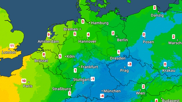 Wetterkarte mit Temperaturverteilung und Frost im Süden Deutschlands.