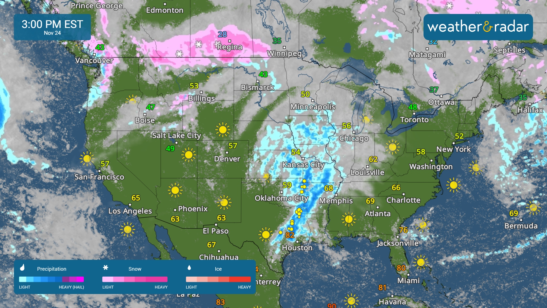 The WeatherRadar shows storms from Texas to Missouri.