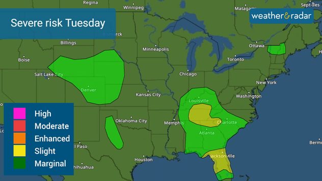 Severe risk for Tuesday brings the threat for damaging winds, tornadoes and large hail. 