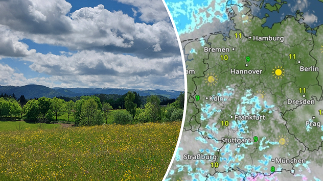 Frühlingswiese unter großen Wolken neben Wetterkarte mit wechselhaftem Wetter über Deutschland.
