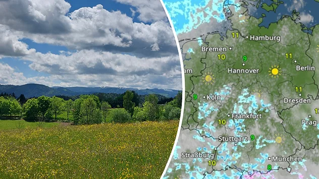 Frühlingswiese unter großen Wolken neben Wetterkarte mit wechselhaftem Wetter über Deutschland.