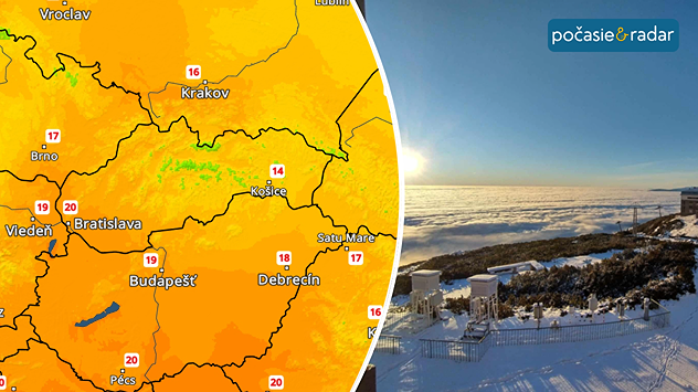 Rozdelený obrázok - vľavo teplotná mapa s teplotami od 14 do 20 °C a symbolom rastúcej teploty v grafe, v pravo obrázok inverzie zo Skalnatého plesa.