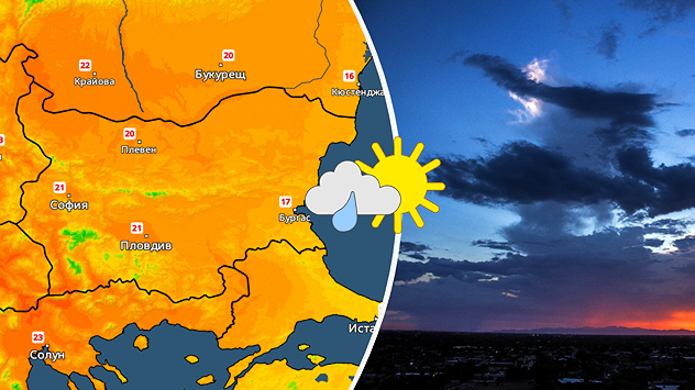 Отляво: Температурна карта за петък, показваща лекото затопляне над България Отдясно: Снимка на изолирани валежи по време на залез