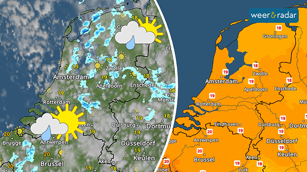 Een dubbele afbeelding met links de WeerRadar en enkele buien, deze symbolen zijn ingetekend. Rechts de TemperatuurRadar met 18 tot 19 graden.