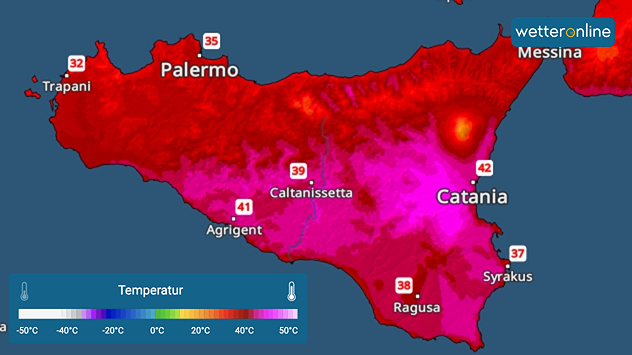 TemperaturRadar-Vorhersage für heute: Auf Sizilien wird es richtig heiß.