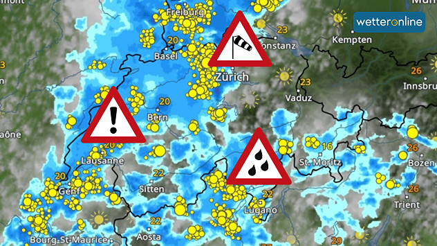 Eine Wetterkarte der Schweiz mit Niederschlag, Blitzen und Warnymbolen.