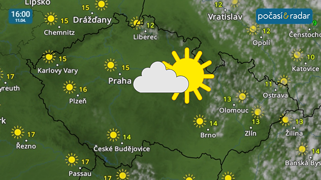 Meteoradar, screenshot, 11. 4. 16:00: Sobota přinese do Česka relativně slunečné počasí s odpoledními teplotami většinou mezi 11 až 16 °C.
