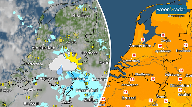 Twee afbeeldingen naast elkaar. Links een afbeelding van de WeerRadar voor zaterdag. Te zien is af en toe wat zon, veel wolken en een bui. Rechts een afbeelding van de TemperatuurRadar. Die toont zaterdag maxima van 17 tot 19 graden.