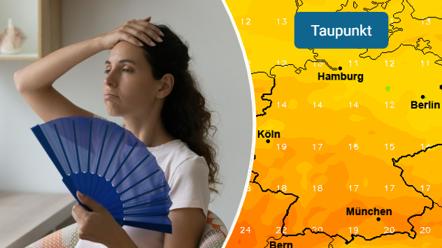 Frau mit Fächer und Karte der Taupunkttemperatur