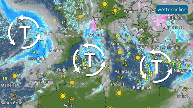 Das WetterRadar zeigt das Mittelmeer mit einigen Niederschlägen. Eingezeichnet sind drei Tiefdruckgebiete.