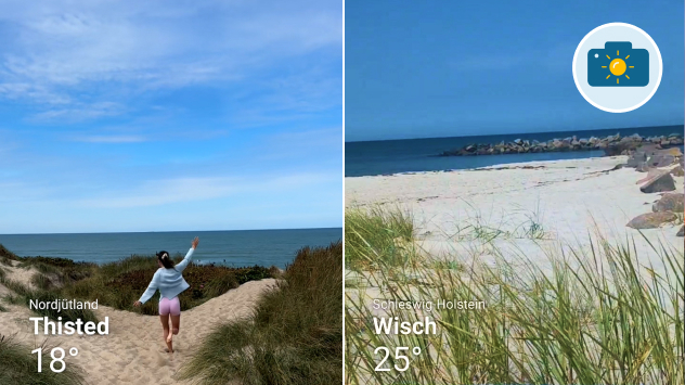 Zwei Bilder vom Strand bei Sonnenschein. Auf dem linken ist eine Frau zu sehen, die über den Sand läuft.