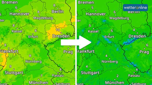 Das TemperaturRadar zeigt den Wechsel von mild (heute Donnerstag) auf kalt (Freitag) in der Osthälfte.