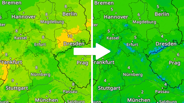 Das TemperaturRadar zeigt den Wechsel von mild (heute Donnerstag) auf kalt (Freitag) in der Osthälfte.