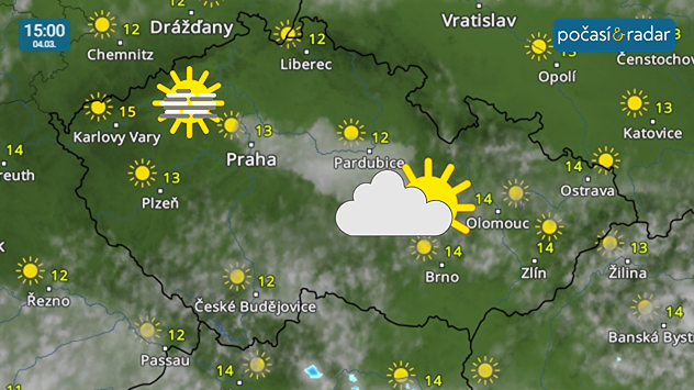 Meteoradar, screenshot, 4. 3. 15:00: Během středečního odpoledne se ve zhruba jihovýchodní polovině území místy přechodně vyskytne zvětšená oblačnost, ojediněle i s možností slabé přeháňky.