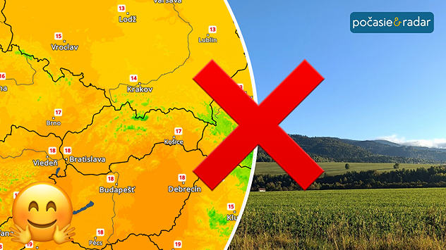 Snímka teplotného radaru s príjemnými teplotami (vľavo) a vpravo snímka slnečného počasia. Cez obe snímky je veľký krížik značiaci ukončenie takéhoto počasia.