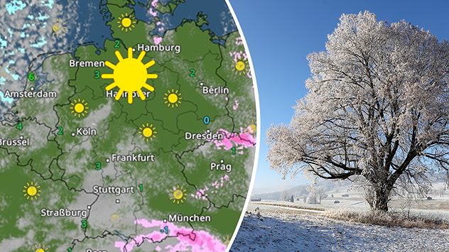 Links: Das WetterRadar für Dienstag. Rechts: Ein mit Reif bedeckter Baum vor klarem, blauen Himmel. (c) Veselin Kolev