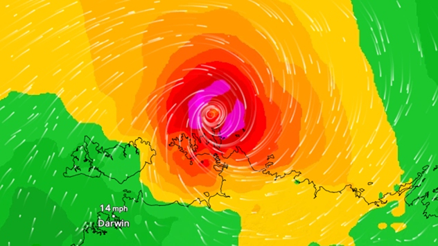 Satellite map shows cyclone off the north coast of Australia with wind fields around the eye.