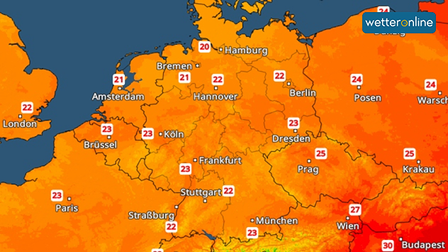 Wetterkarte mit Temperaturen über Deutschland. In Deutschland meist 21 bis 23 Grad
