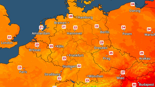 Wetterkarte mit Temperaturen über Deutschland. In Deutschland meist 21 bis 23 Grad