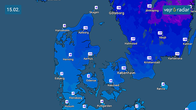 Temperaturkort over Danmark den 15. februar med udbredt frost og lave minimumstemperaturer under frysepunktet.