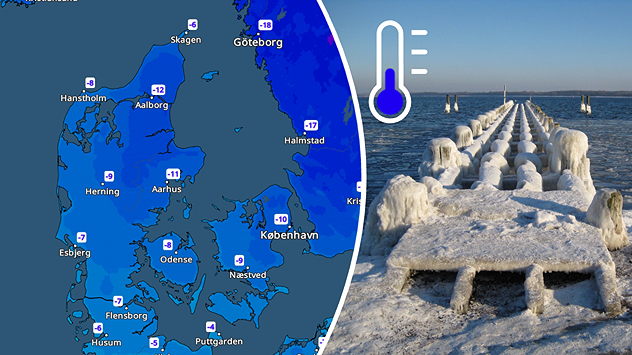 Kombineret grafik med temperaturkort over Danmark og foto af isdækket bro ved havn, der illustrerer streng frost.