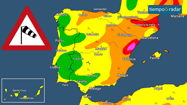 Mapa de alerta por viento previsto para el sábado.