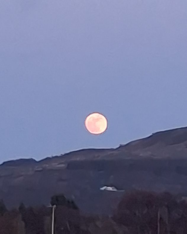 ull Pink Moon rising above a dark hillside at dusk, glowing orange against a pale blue sky with faint landscape silhouettes below.