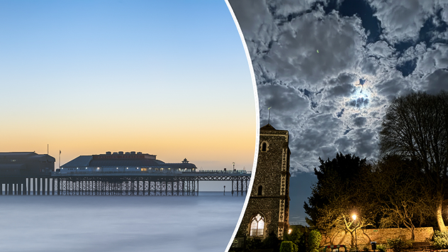 Split image with Cromer Pier at sunset on the left in soft orange-blue tones and a moonlit Canterbury church with dramatic clouds on the right, lit by a streetlamp.