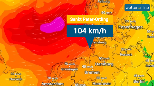 WindRadar: An den Küsten erreichen die Spitzenböen rund 100 km/h. Auf der Nordsee erreichte der Sturm sogar Orkanstärke. 