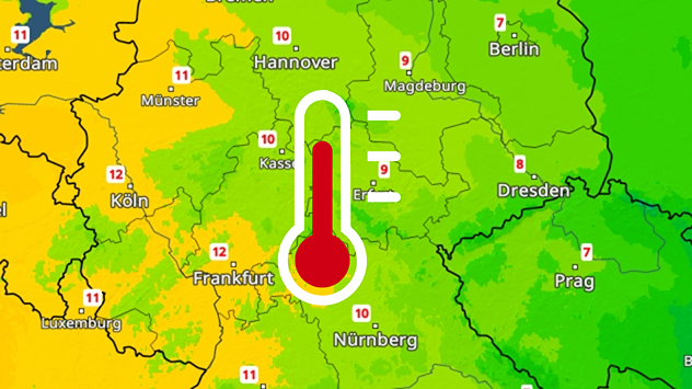 TemperaturRadar von Deutschland mit farbiger Temperaturverteilung und Städtenamen. Zweistellige Werte im Westen, kühlere Temperaturen im Osten.