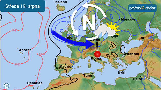 Předpověď synoptické situace v Česku na středu 19. srpna: Nový týden bude v Česku ve znamení oblačnějšího a vlhčího počasí díky vlivu oblasti nízkého tlaku vzduchu,