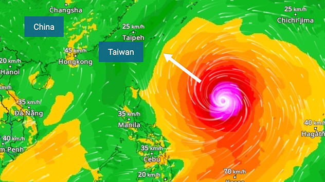 The image shows an intense tropical cyclone over the western Pacific, east of Taiwan and the Philippines. The centre of the system is depicted as a light purple and white vortex with a clearly visible eye, surrounded by a ring of red and orange areas indicating the strongest wind speeds. A white arrow marks the typhoon’s predicted track towards the north-west, in the direction of Taiwan. To the west of the storm lie the Philippines, with the cities of Manila and Cebu; to the north of these lies Taiwan, with Taipei. Further west, the Chinese coast, including Hong Kong, and parts of Vietnam can be seen. The coloured wind map shows predominantly green areas outside the storm’s core, indicating significantly weaker winds. White streamlines illustrate the typhoon’s anti-clockwise circulation in the Northern Hemisphere. The highest wind speeds are concentrated around the eye of the cyclone.