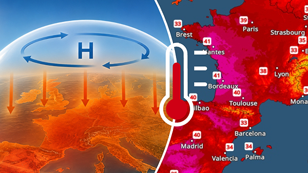 Split graphic showing a heat dome illustration over Europe on the left with a high-pressure system trapping hot air, and an extreme temperature map on the right displaying widespread 40–41°C heat across France and Spain with a large thermometer icon.