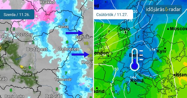 Bal kép: a csapadékzóna kelet felé elhagyja délelőtt (11.26.) az országot. Majd a jobb oldali képen a csütörtökön Közép-Európát kitöltő hideg, sarkvidéki eredetű légtömeg látható kék színnel jelölve.