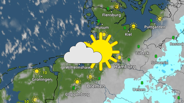 Wetterkarte Norddeutschland mit Sonne-Wolken-Symbolen und Höchstwerten um 9 Grad. Gebietsweise wolkig, meist freundlich.