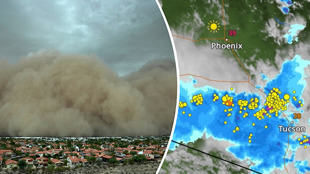 Staubwand über Tucson neben WetterRadar mit Gewittern in Arizona.