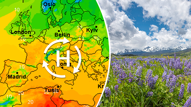 отляво - Температурна кара на Европа към 4 март 2026, с знак за Антицклон над централна Европа. отдясно: снимка на пролет в планината