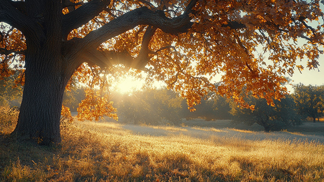 Eine große Eiche mit herbstlich gefärbten Blättern steht auf einer Wiese, durch die warmes Sonnenlicht fällt.