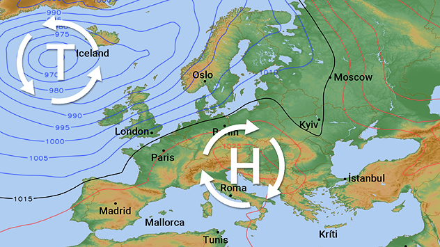 Hoch über Südeuropa Wetterkarte mit Hoch über Südeuropa und Tief bei Island, Isobaren über Europa.