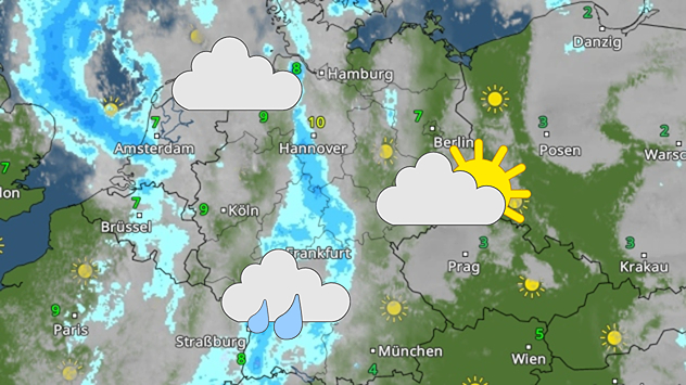 WetterRadar für Sonntag mit Regen im Westen. Osten teils sonnig, dazwischen viele Wolken. Temperaturen zwischen 2 und 10 Grad.