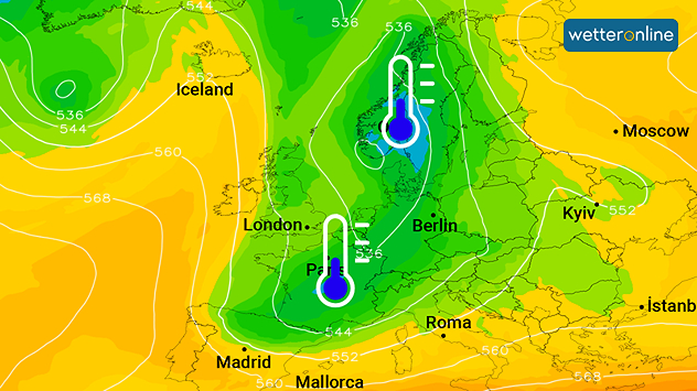 Wetterkarte für Europa zeigt mit Kaltluft gefüllten Höhentrog