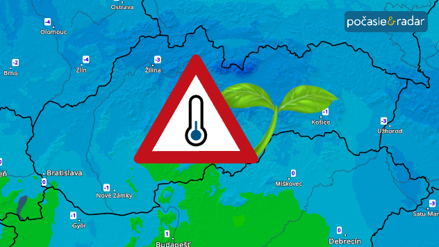 Mapa Slovenska s nízkymi teplotami, výstražný symbol chladu a klíčiaca rastlina