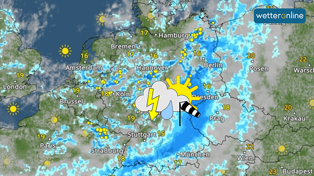 WetterRadar-Vorhersage: Am Mittwoch gibt es kräftige Schauer und Gewitter.